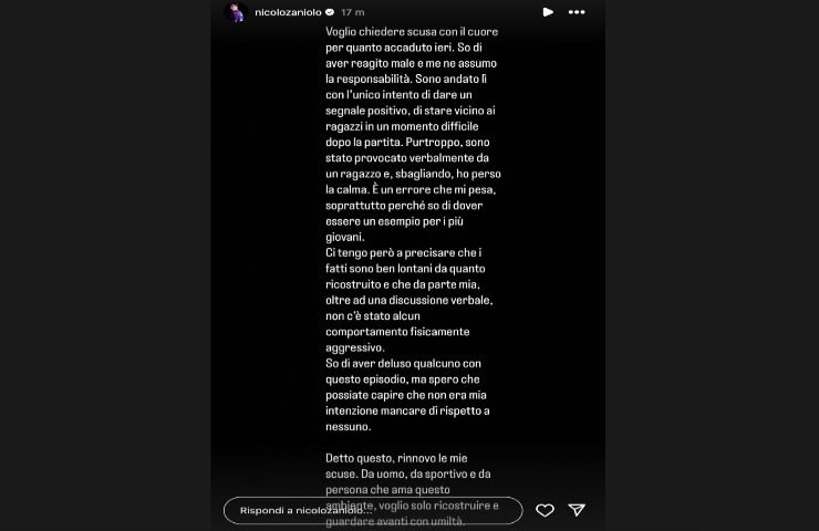 Instagram story di Zanioo sull'accaduto
