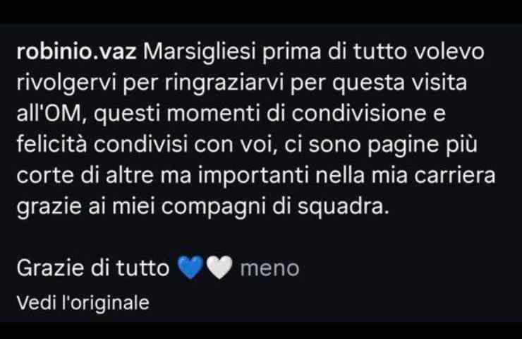 Il messaggio di Robinio Vaz su Instagram
